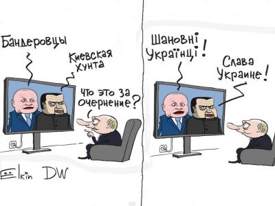 Путин: "прекратить очернять Украину!" Карикатура С.Елкина: dw.com